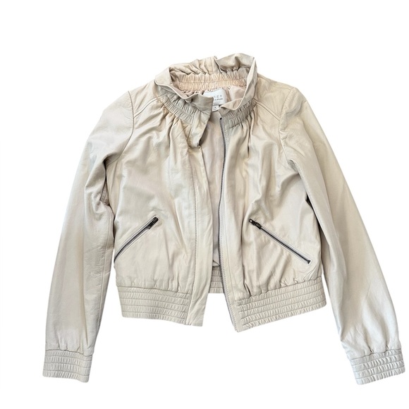 Hinge Lambskin Leather Ruffle Collar Designed in Seattle Jacket Ecru Cream - Picture 7 of 14